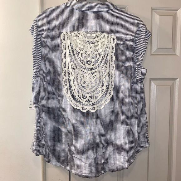 Anthropologie Maeve Women's Linen Camp Shirt Striped Blouse Lace Back Size Large - Picture 8 of 11